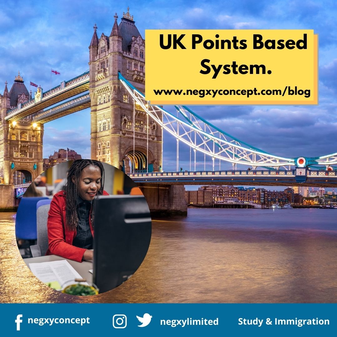 A picture from Negxy Concept Limite, a study abroad agency in Lagos, Nigeria that reads 'UK points based system for international students'