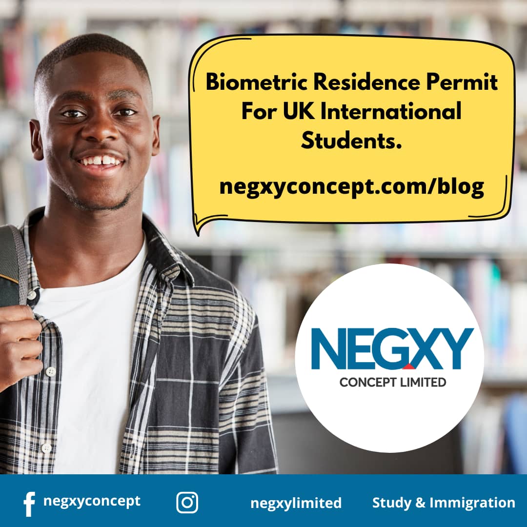 A picture from Negxy Concept Limited, a study abroad agency in Lagos, Nigeria that reads, 'Biometric residence permit; International Students'.