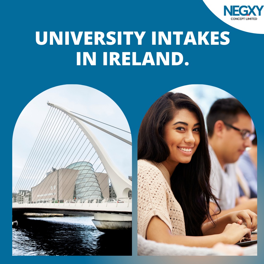 A photo from Negxy Concept limited, a study abroad agency in Lagos, Nigeria. That reads University intakes in Ireland