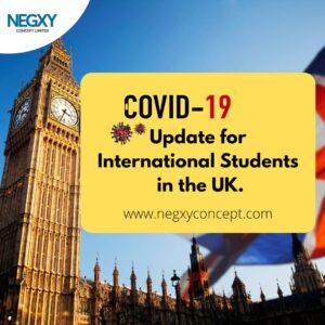 A picture that reads, Covid 19 update for International students in the UK