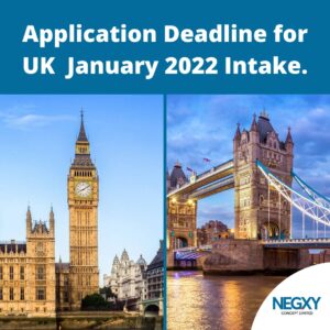 A Picture that reads Application Deadline for UK January 2022 Intake 