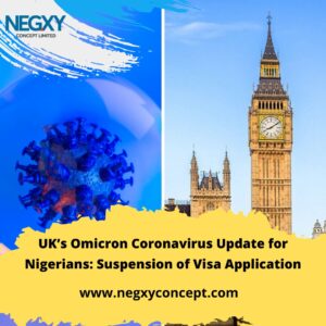 A picture that reads ' UK'S Omicron Corornavirus Updates for Nigerians: Suspension of visa application 