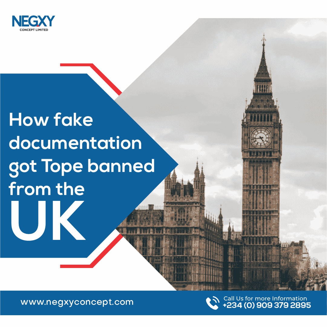 A picture that reads, how fake documentation got Tope banned from the UK